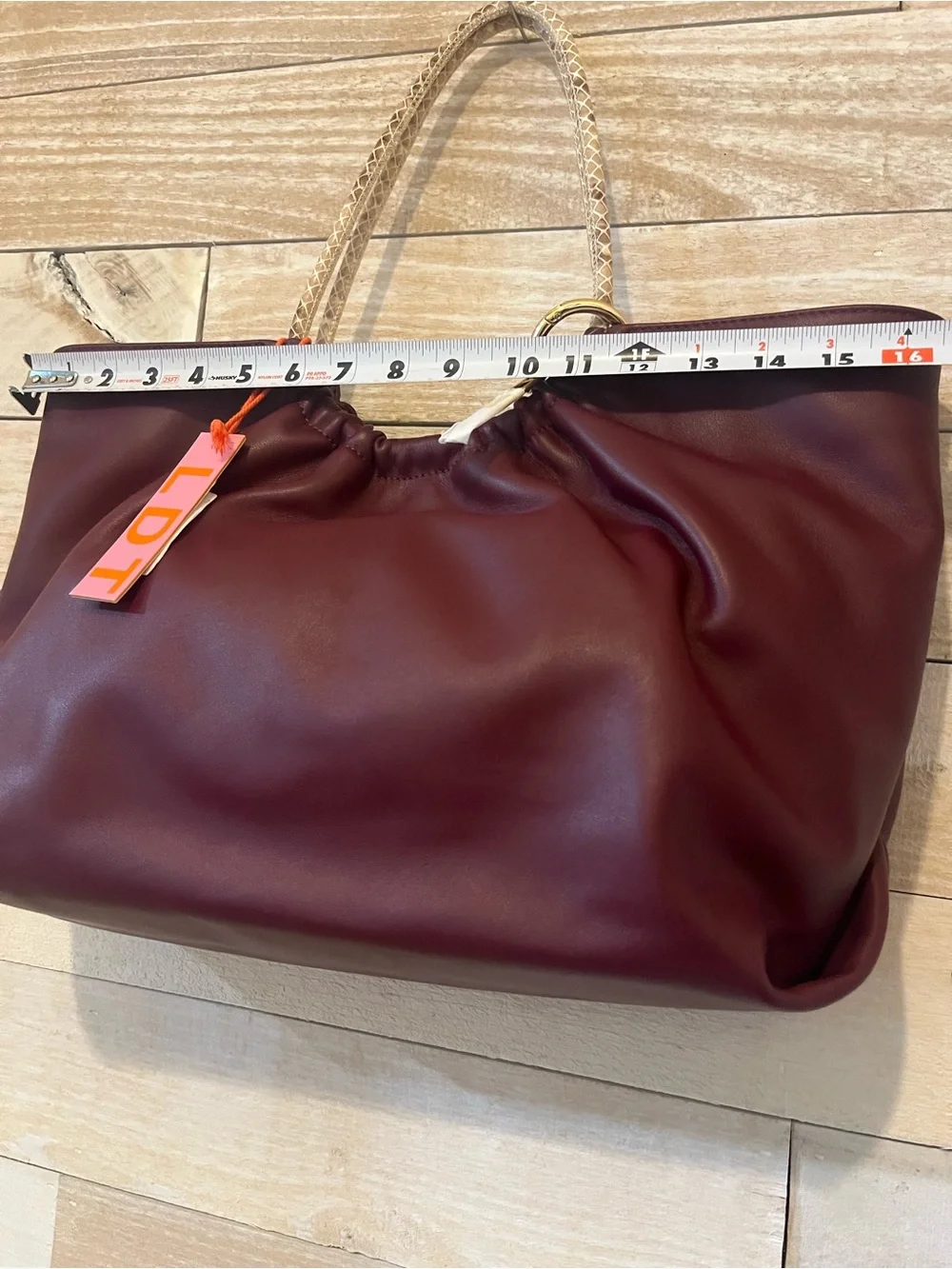 LDT Burgundy Hobo Tote with Braided Snakeskin Cream Handles NWT